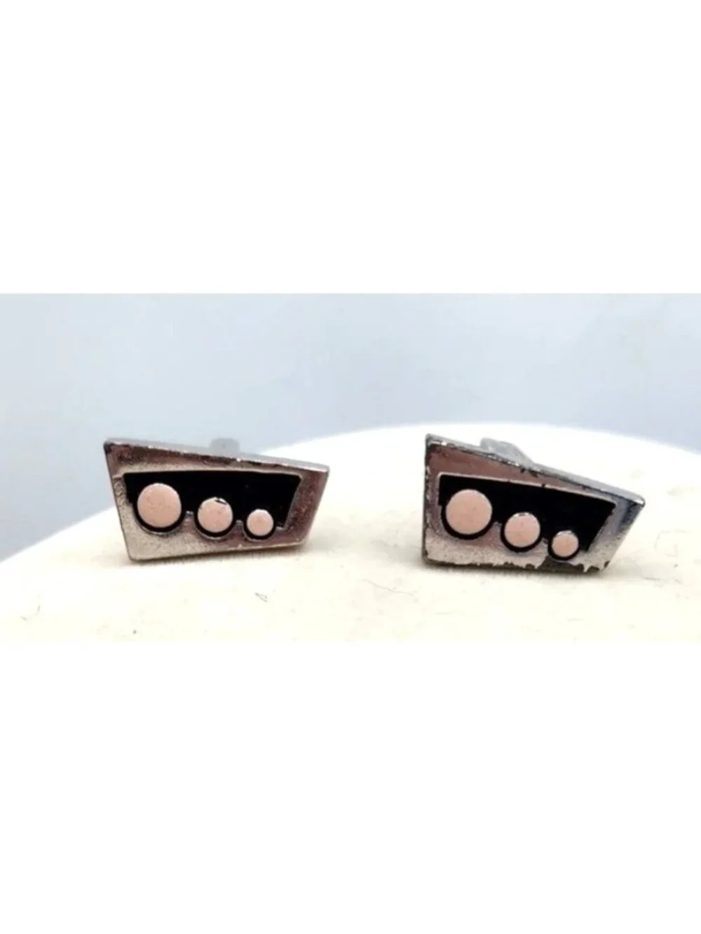 Vintage Retro Metal Cuff Links Black With Pink Polka Dots - Silver Tone